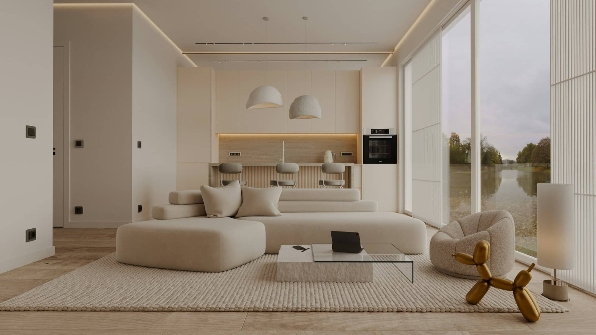 Séjour contemporain ouvert sur une grande baie vitrée